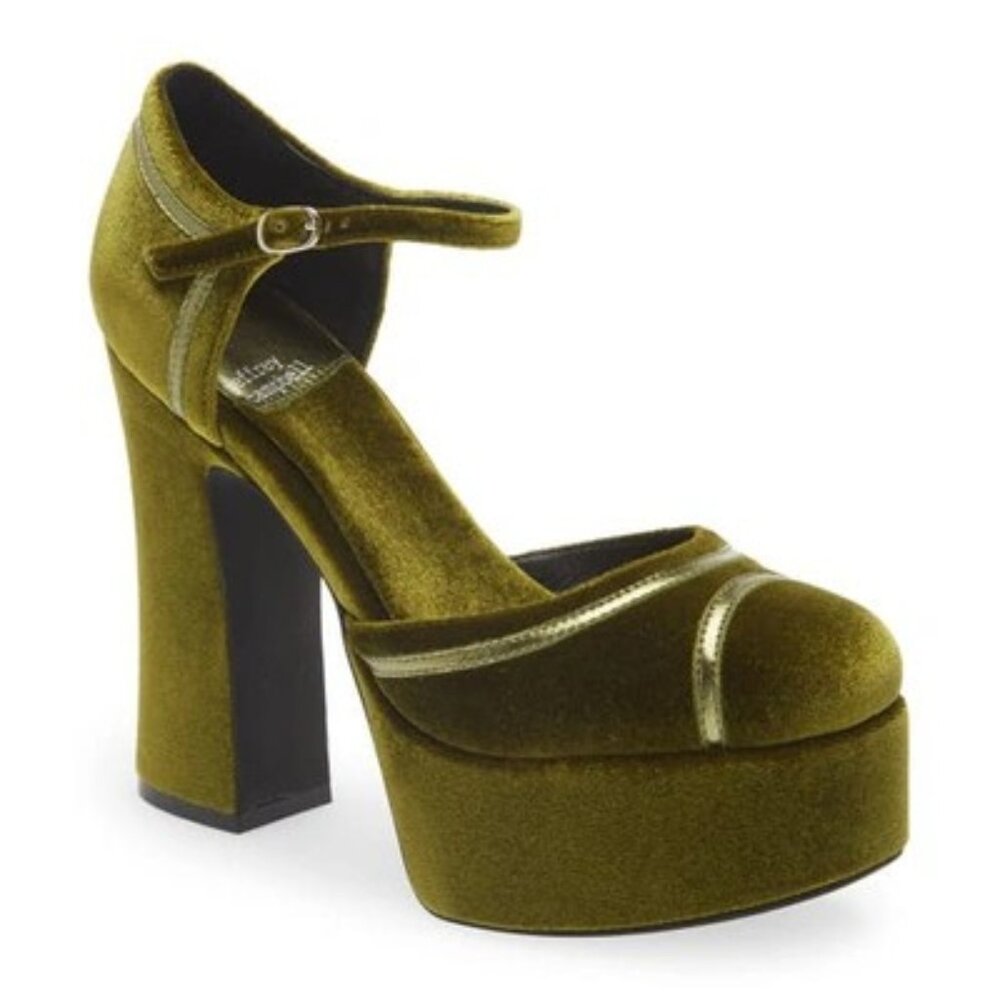 Jeffrey Campbell Low ride green velvet plataform pumps 9.5